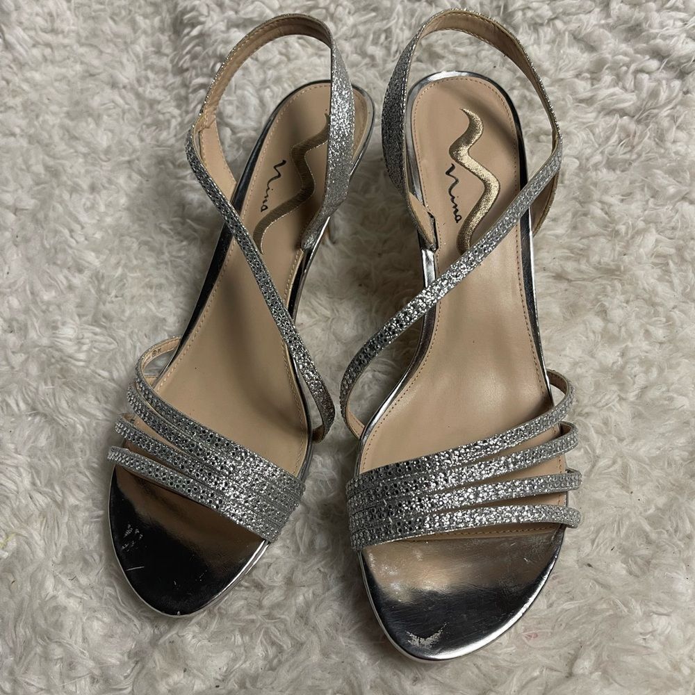 Nina Silver glitter Strappy Sandals sling back kitten heels sandals SZ11M